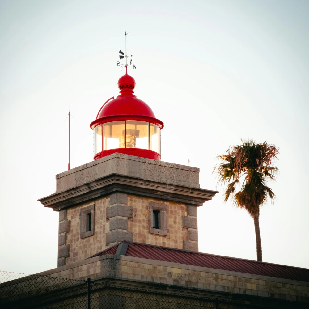 Red lantern on a stone lighthouse tower beside a palm tree in Lagos