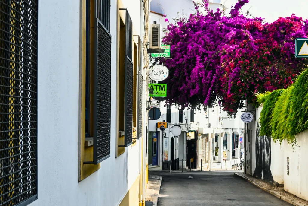 Whitewashed buildings and purple bougainvillea on a street in Lagos, Portugal